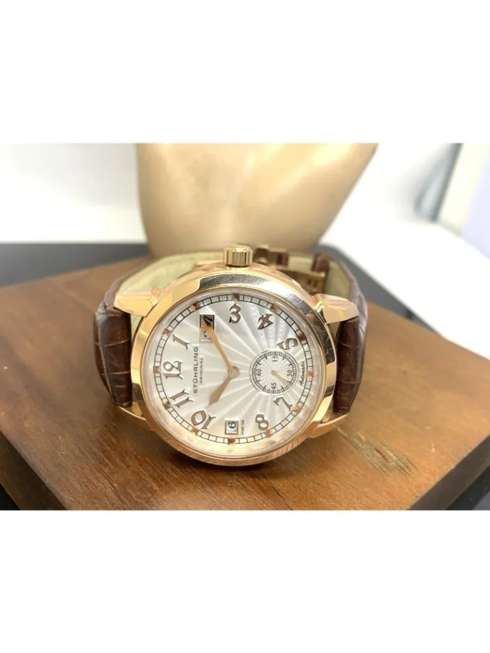 Stuhrling Men's Watch Automatic Silver Dial Rose Gold Brown Leather Strap 40mm